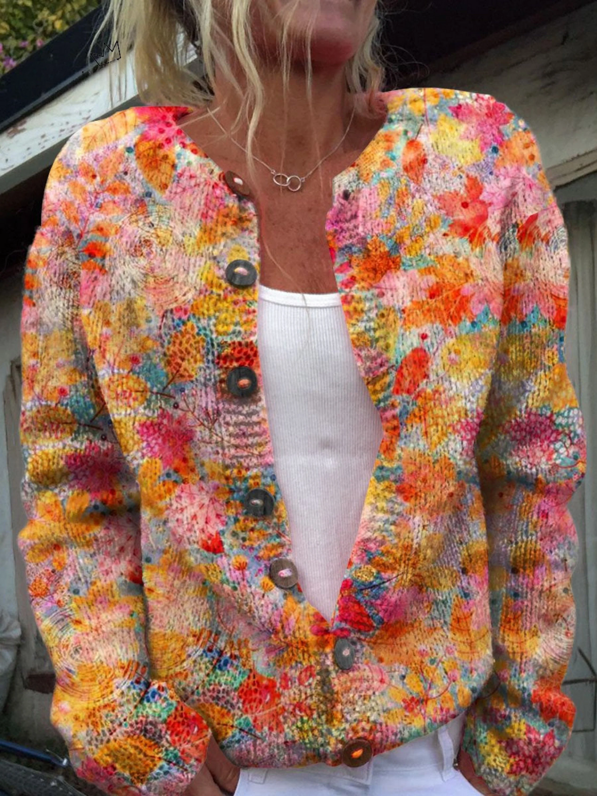 Floral Print Button Front Knit Cardigan
