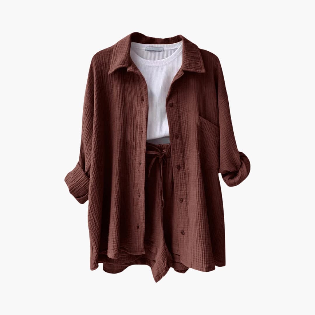 Button Front Shirt and Drawstring Shorts Two Piece Set