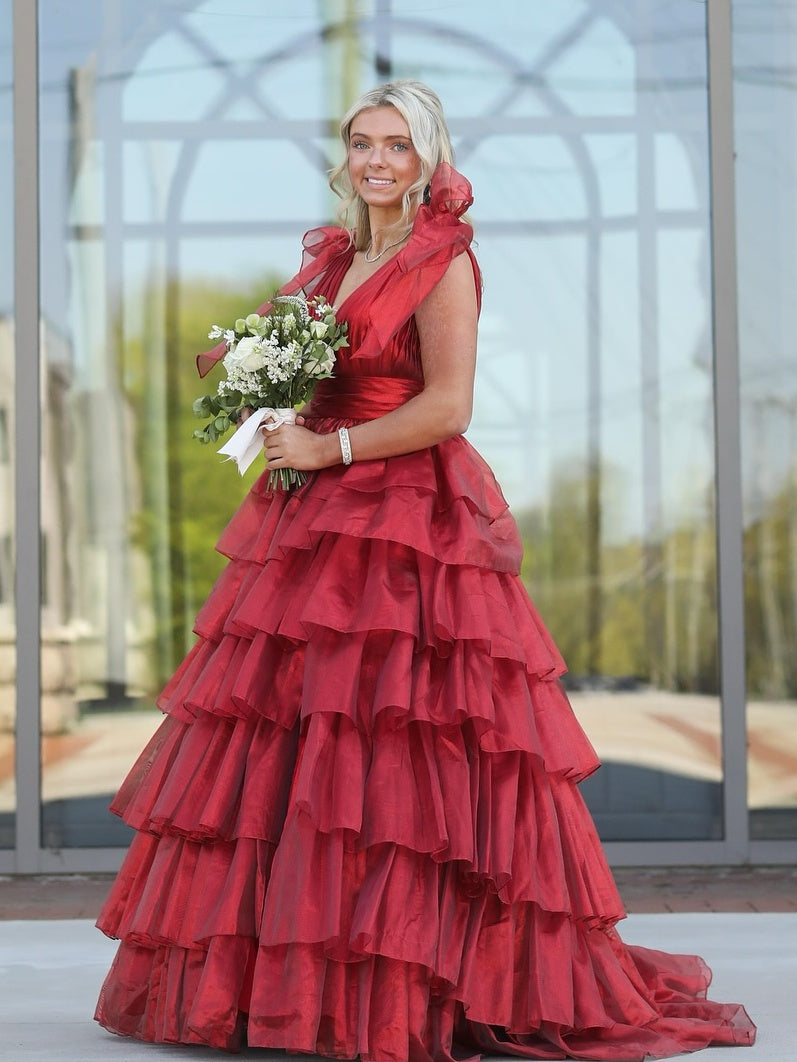 Cute Pink Princess A Line Deep V-Neck Long Tiered Prom Dress With Split