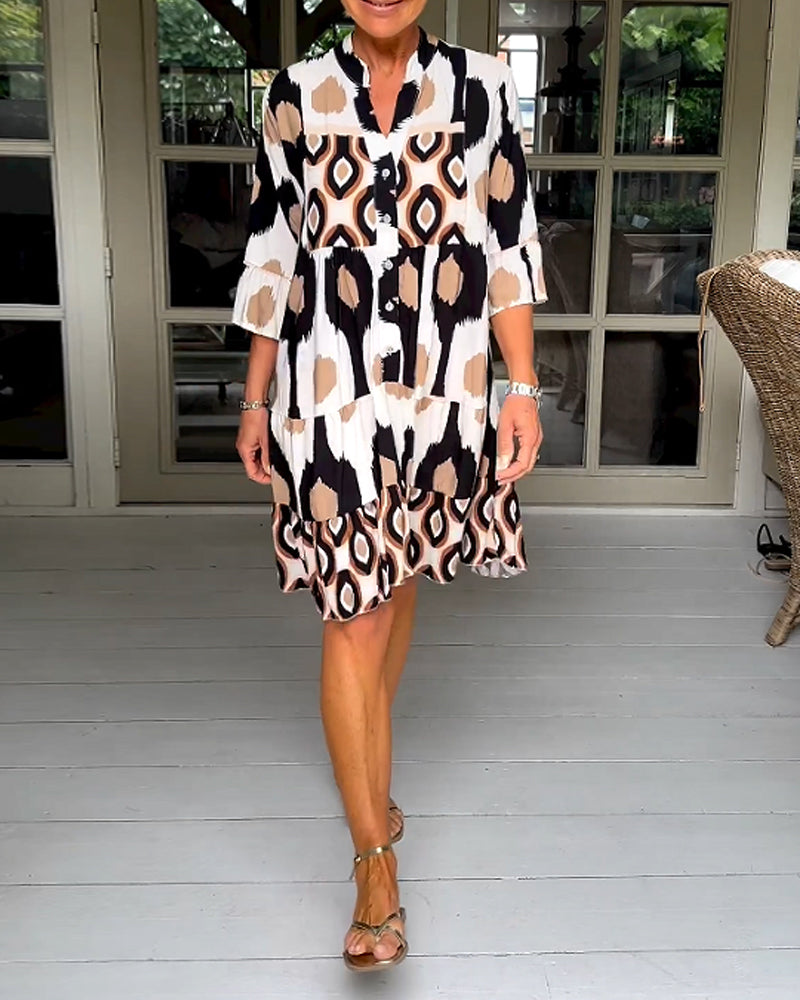 Abstract Print Button Front Flared Sleeve Tiered Midi Dress