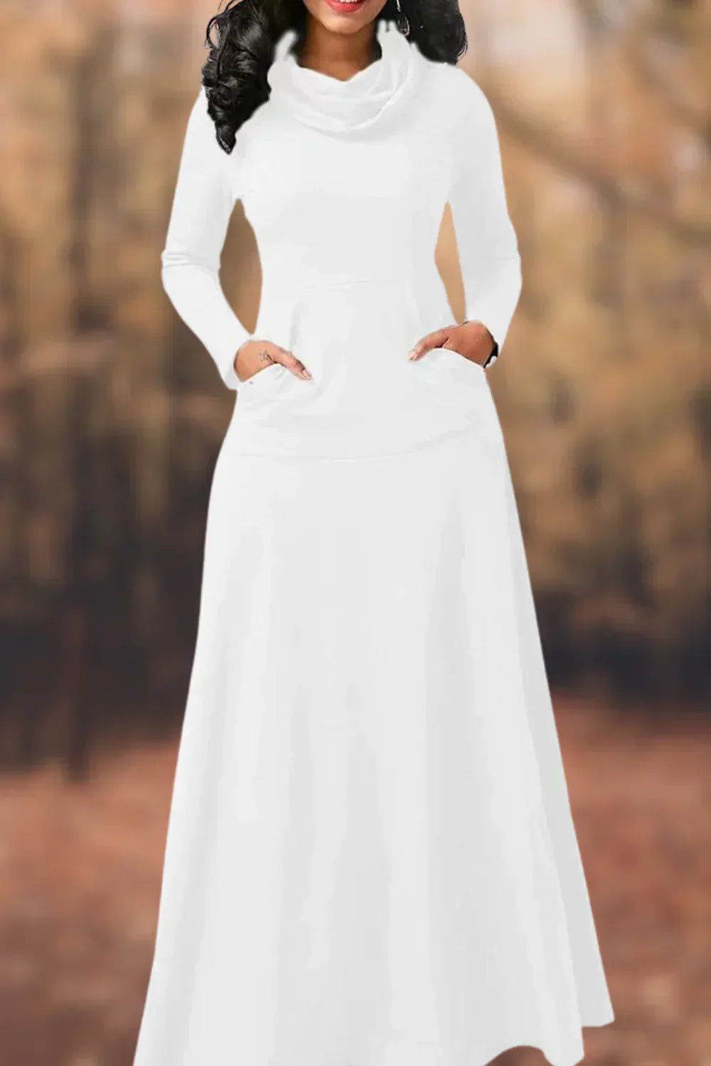 Knit Cowl Neck Long Sleeve Kangaroo Pocket Maxi Dress