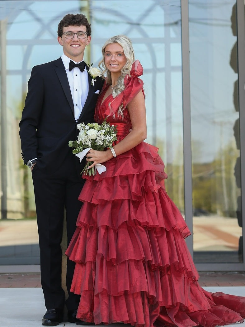 Cute Pink Princess A Line Deep V-Neck Long Tiered Prom Dress With Split