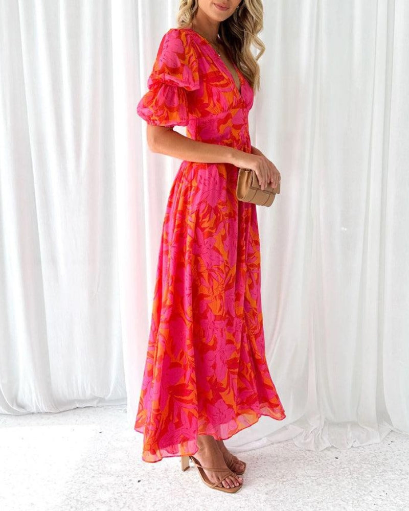 Floral Print V-Neck Puff Sleeve Button Front Midi Dress