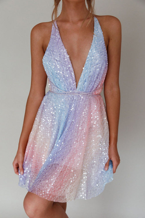 Sequin Deep V-Neck Backless A-Line Mini Dress