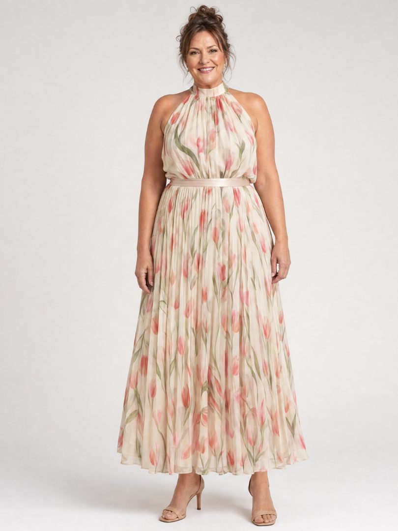 Floral Print Halter Neck Pleated Maxi Dress
