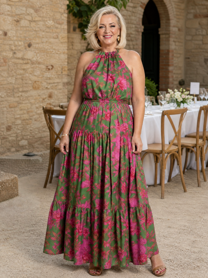 Floral Print Halter Neck Tiered Maxi Dress