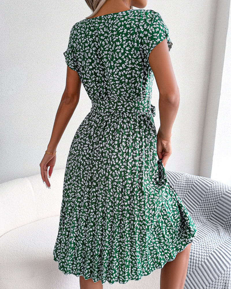 Short sleeve floral print tie dress