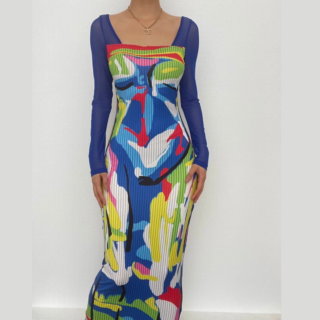 Long sleeve contrast abstract mesh midi dress 2