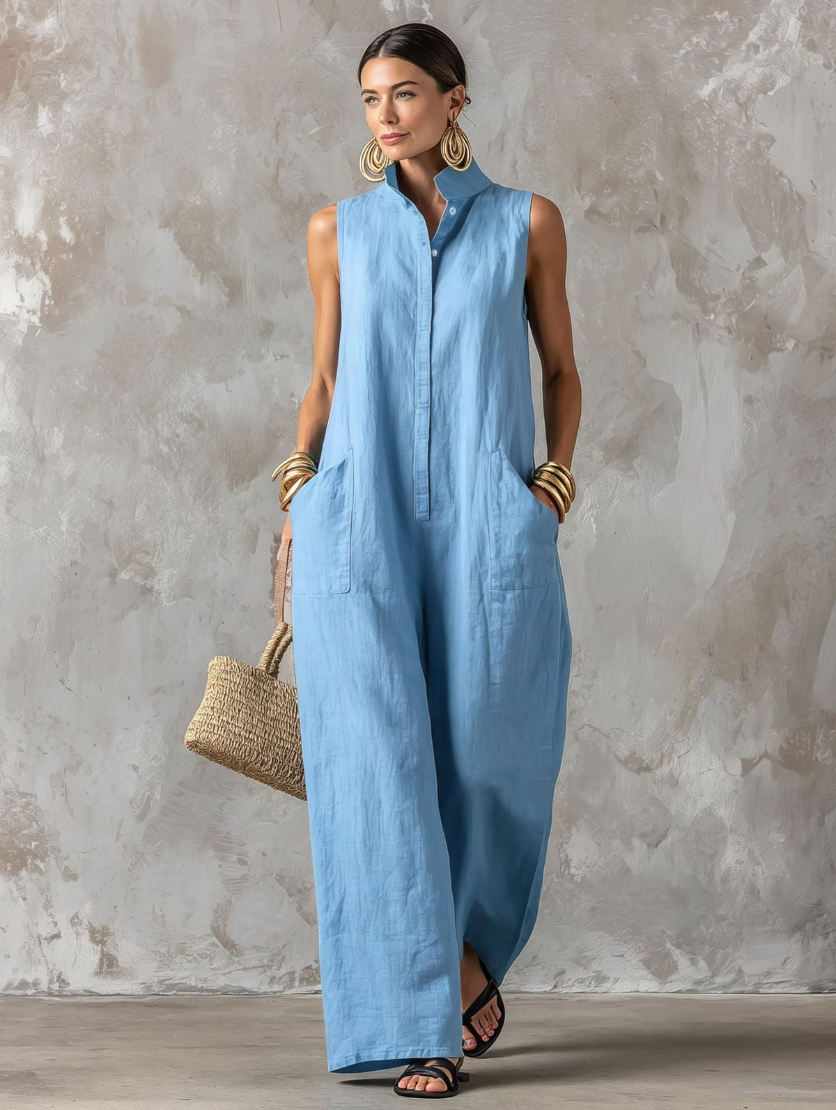 Sleeveless Stand Collar Button Front Wide Leg Jumpsuit with Pockets