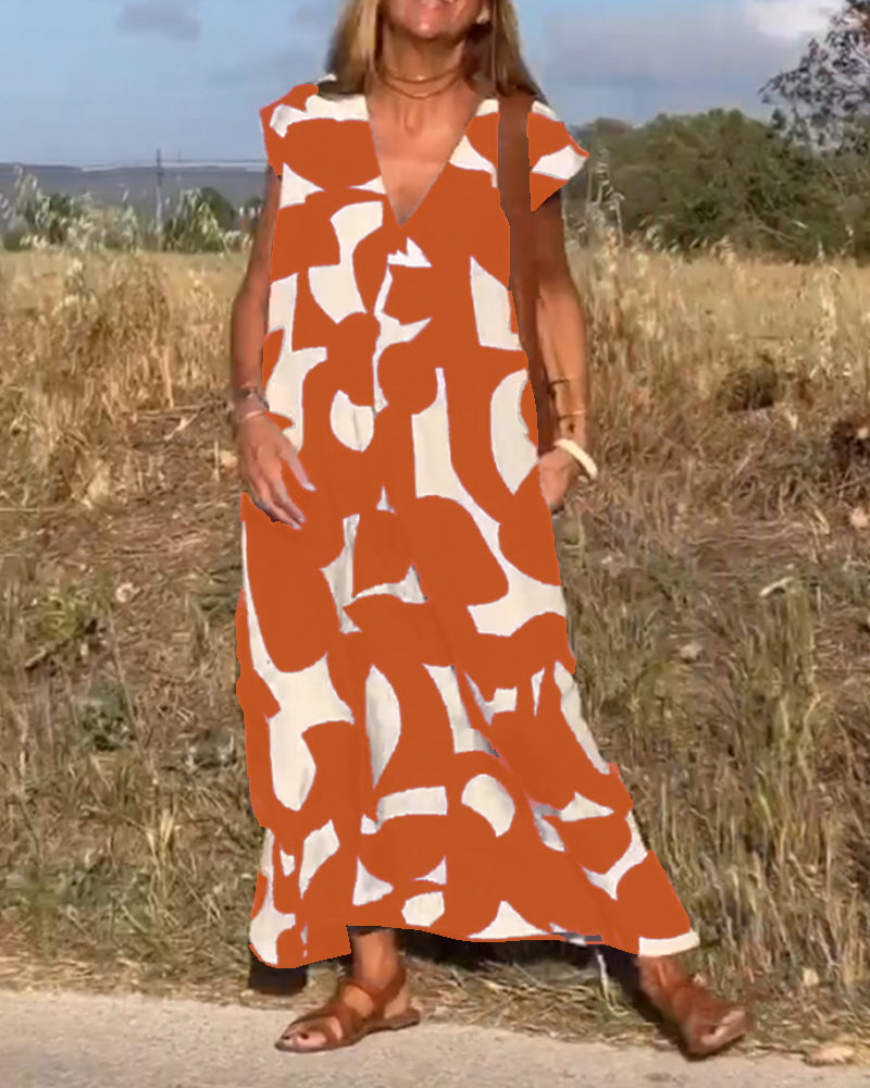 Abstract Print V-Neck Cap Sleeve Oversized Maxi Dress