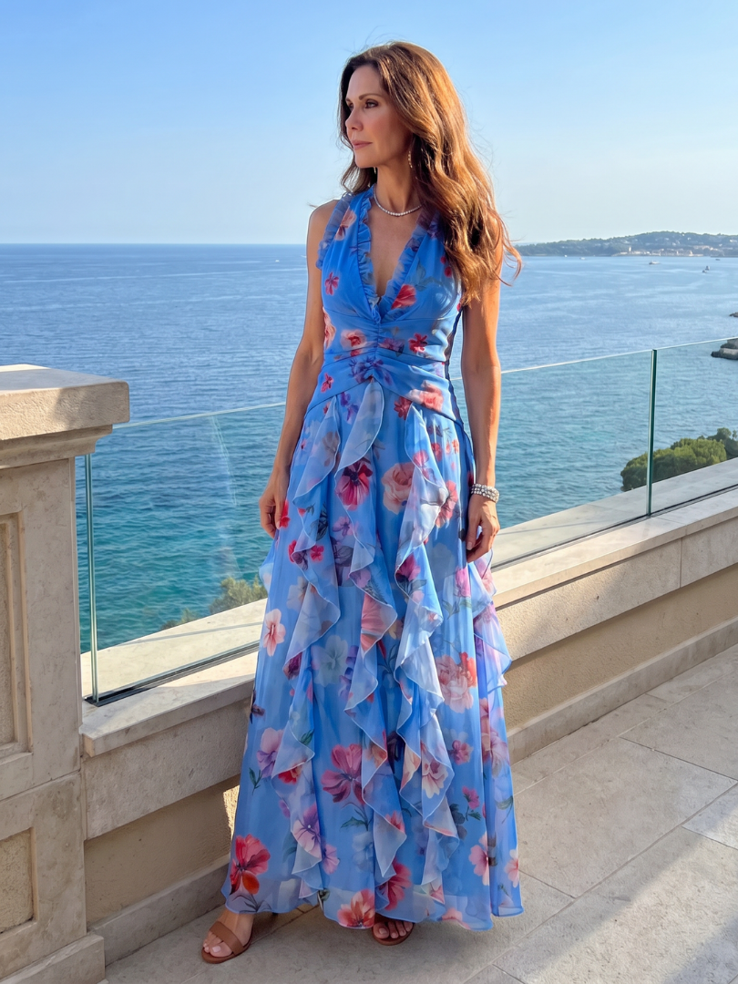 Halter Neck Deep V-Neck Ruffle Floral Maxi Dress