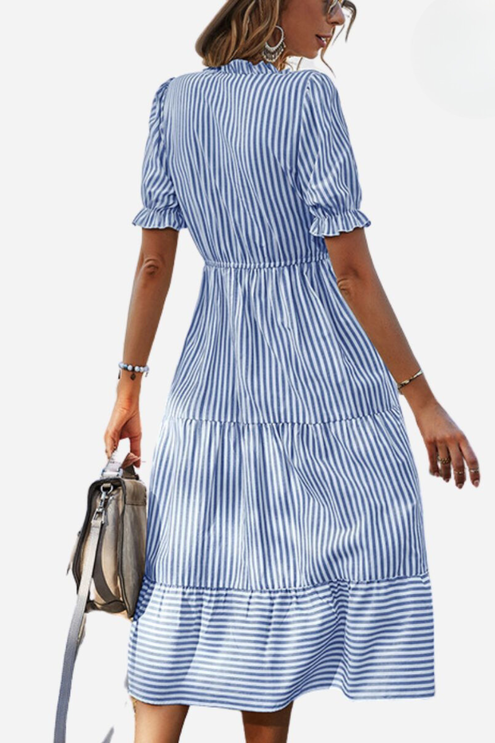 V-Neck Puff Sleeve Drawstring Waist Tiered Ruffle Midi Summer Dress
