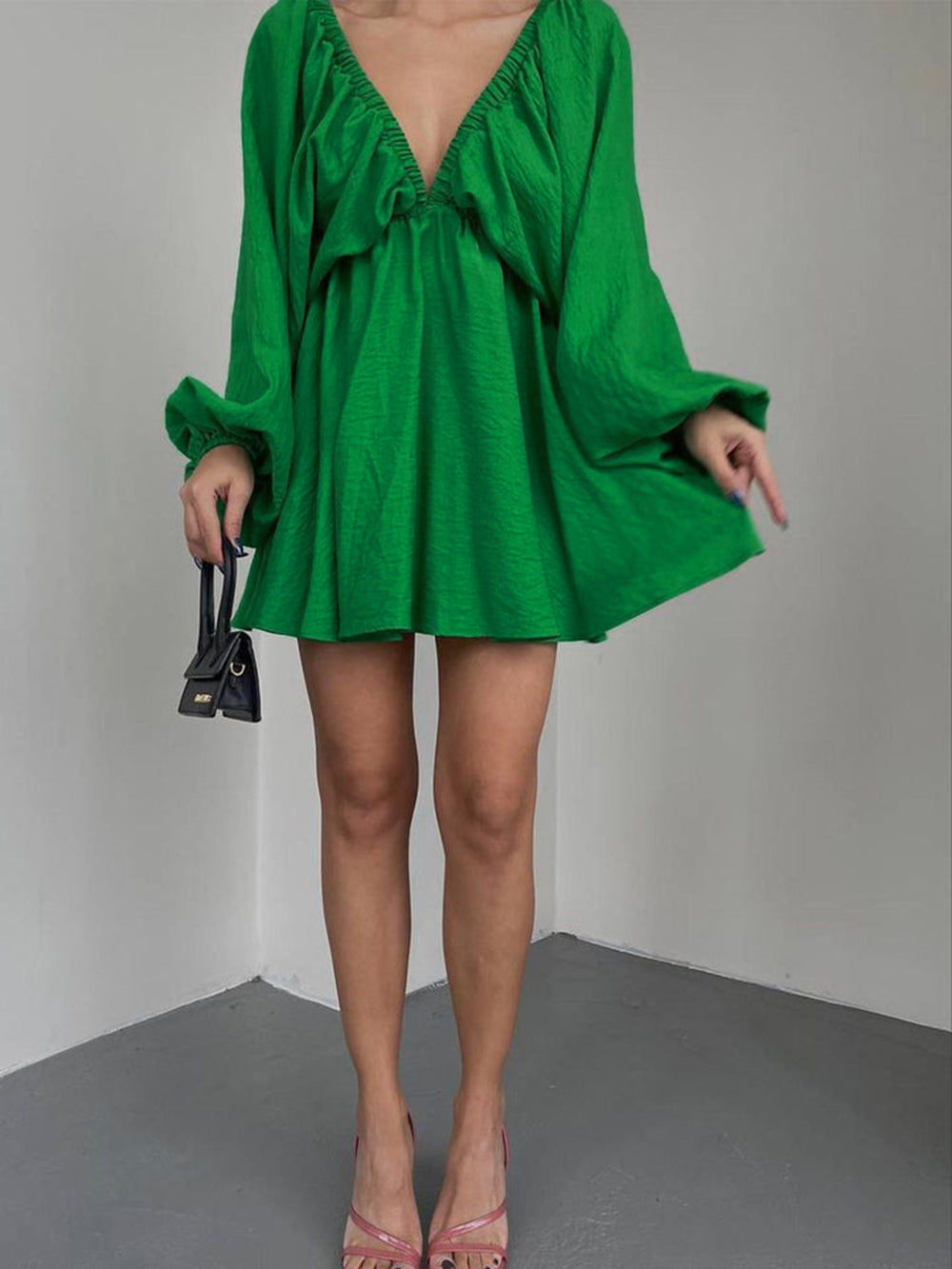 Deep V-Neck Balloon Sleeve Ruched Babydoll Mini Dress