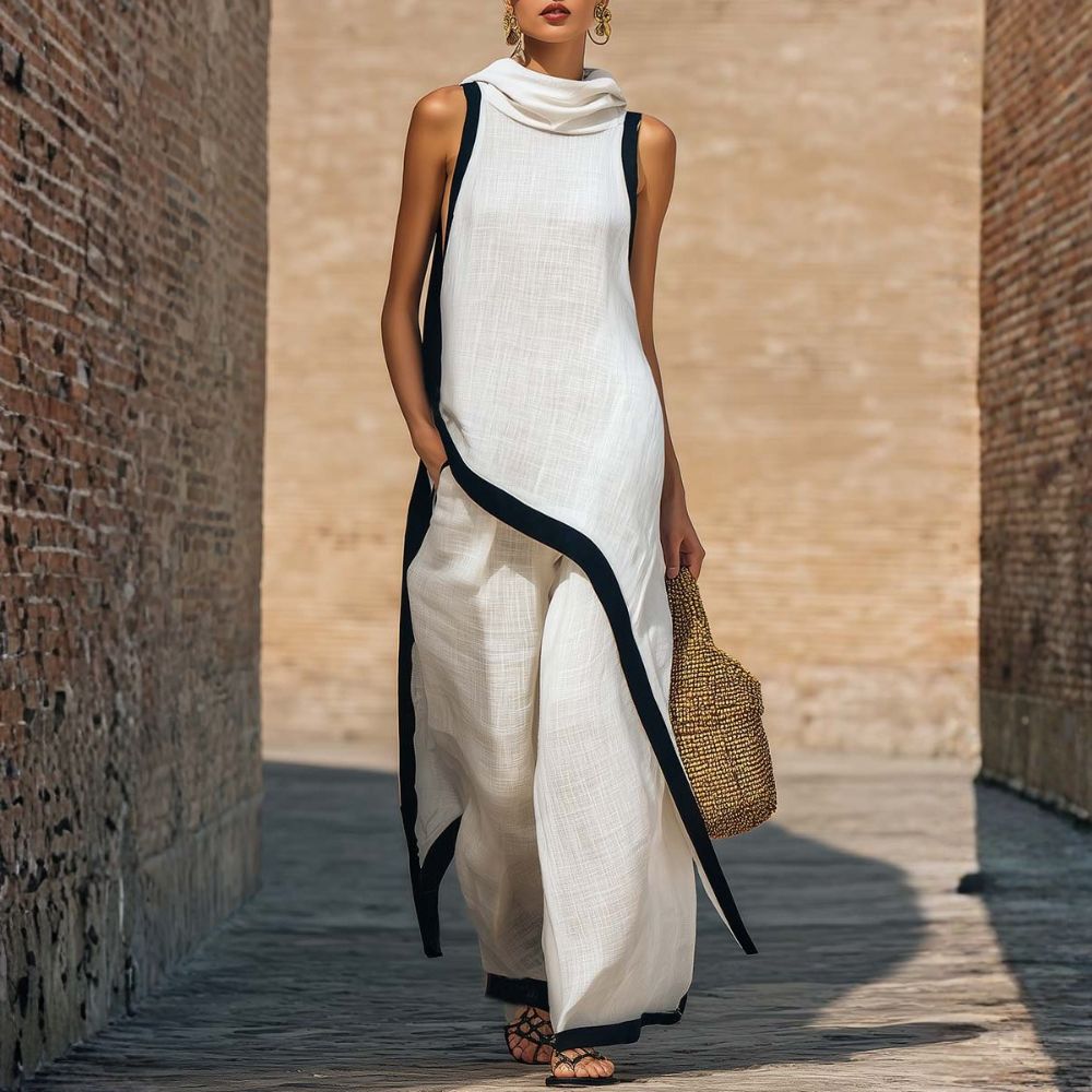 Contrast Trim Sleeveless Top and Wide Leg Pants Two Piece Set