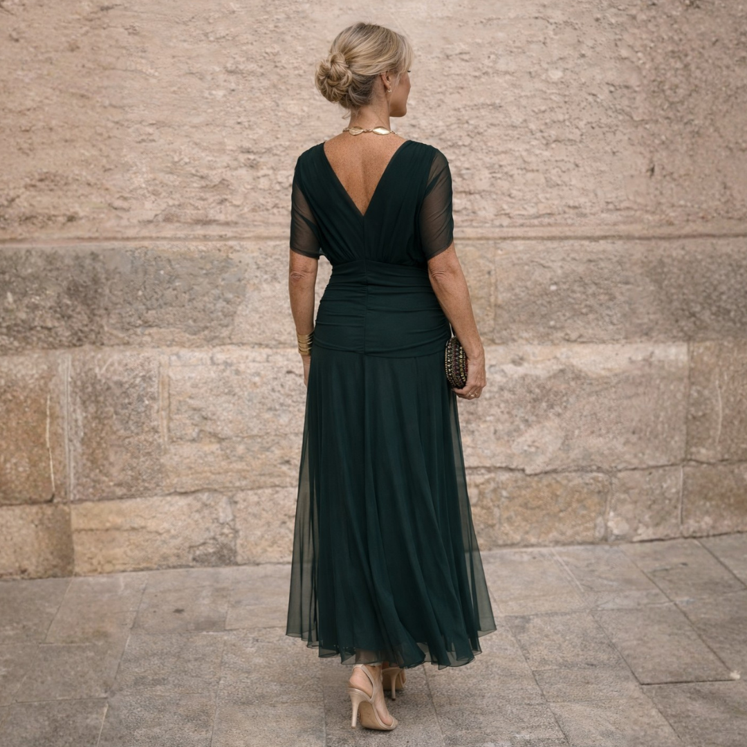 Chiffon V-Neck Ruched Draped Maxi Dress
