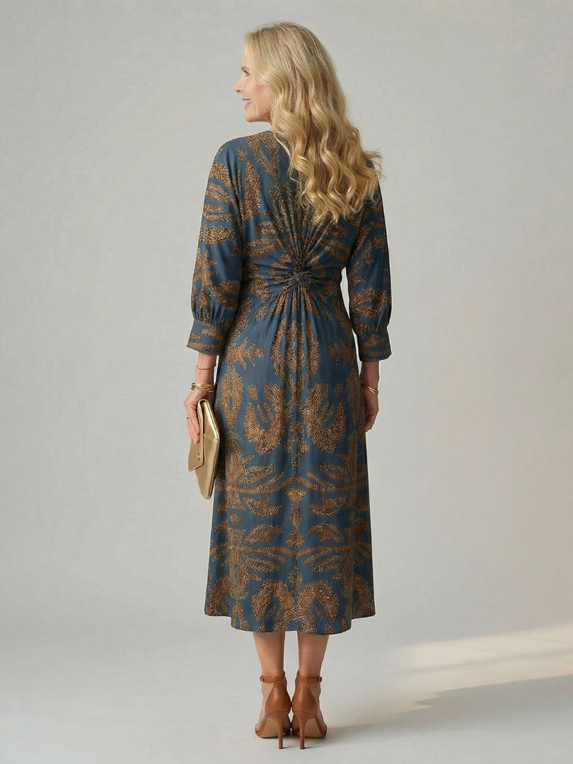 Paisley Print V-Neck Twist Front Long Sleeve Midi Dress