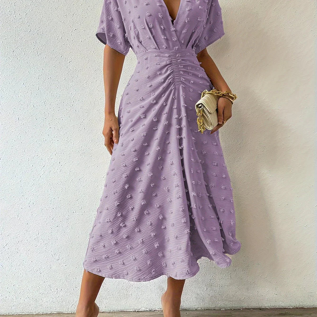 Swiss Dot Flutter Sleeve Pleated Back A-Line Midi Dress
