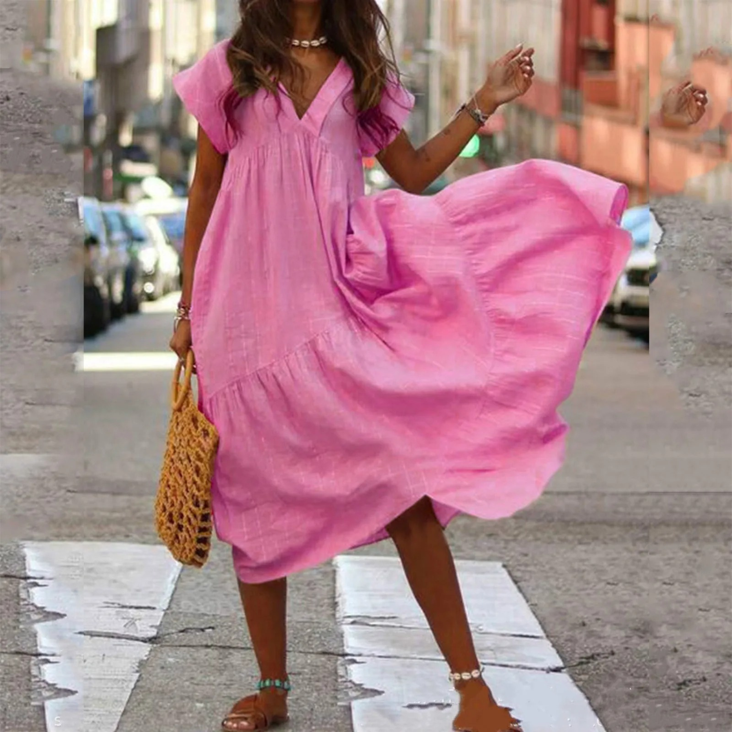 V-Neck Flutter Sleeve Tiered Ruffle Smock Midi Dress