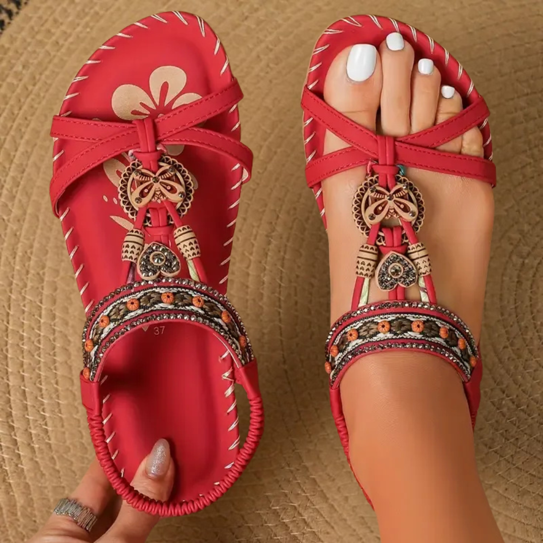 Beaded Boho T-Strap Flat Sandals