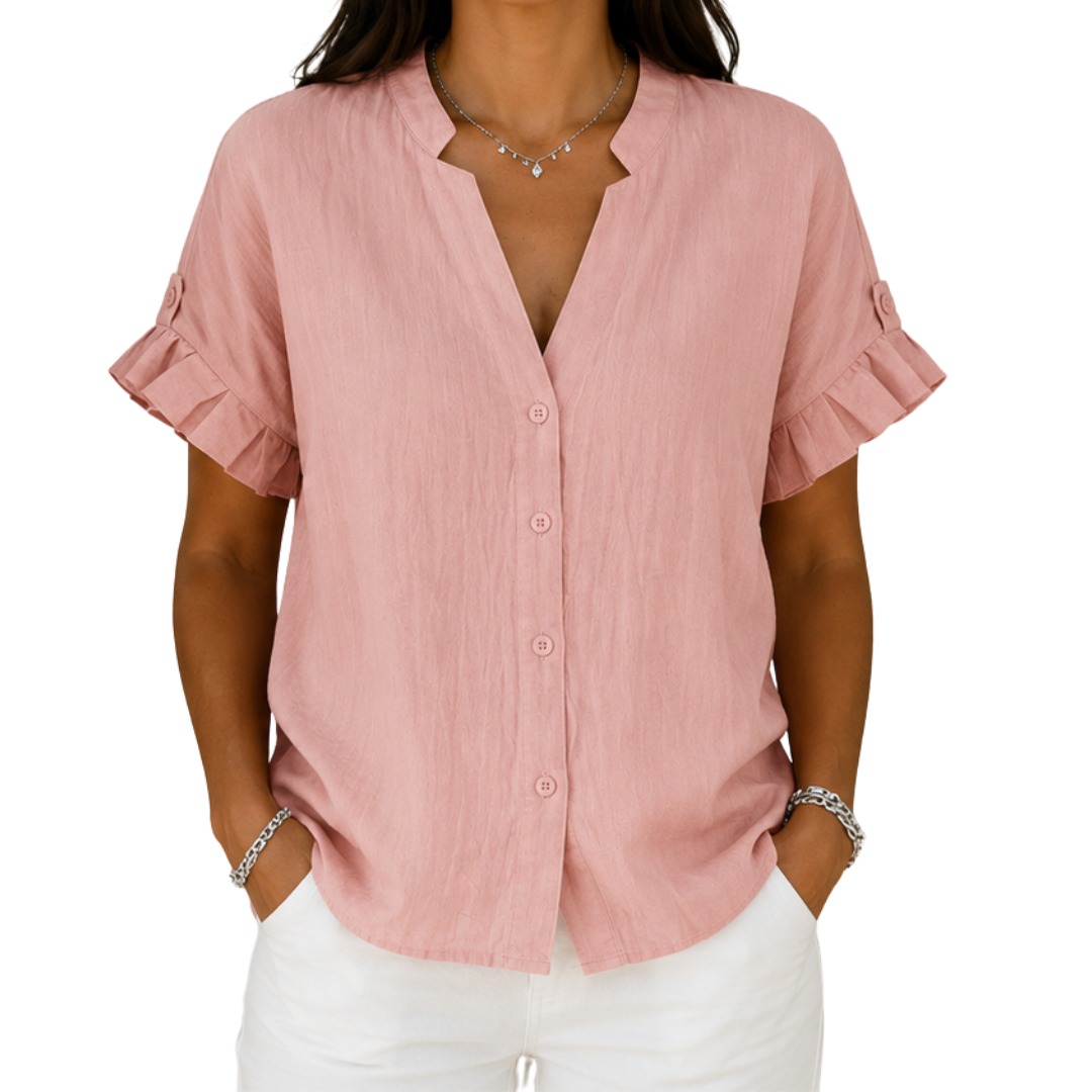 Notch Neck Ruffle Short Sleeve Button Front Blouse