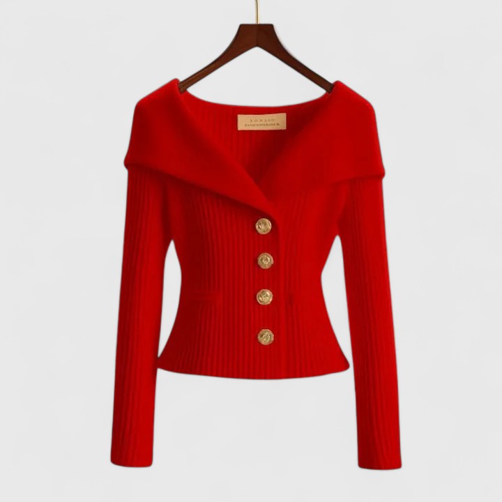 Portrait Collar Button Front Ribbed Knit Sweater