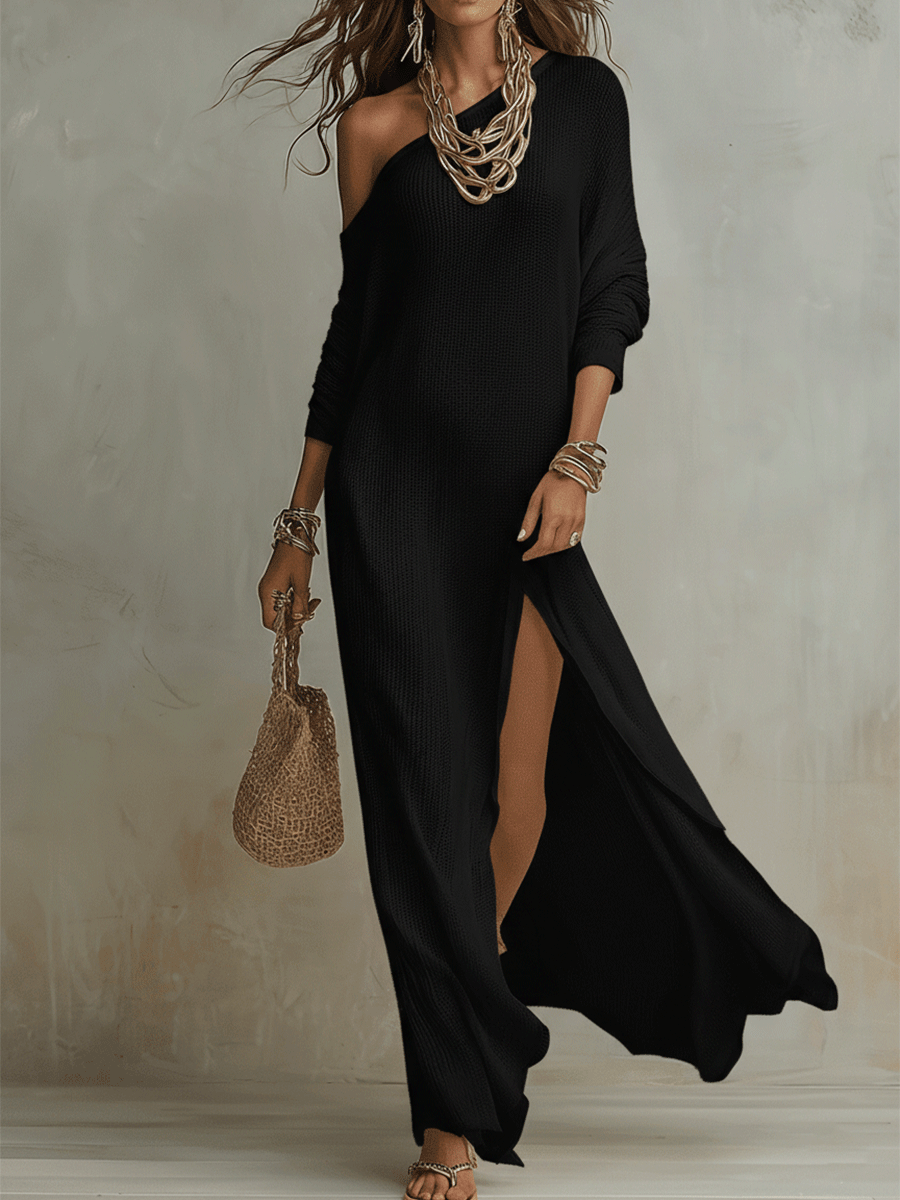 Knit One Shoulder Long Sleeve High Split Maxi Dress 2