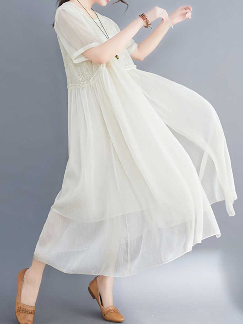 Lace Bodice Sheer Overlay Empire Waist Handkerchief Hem Midi Dress