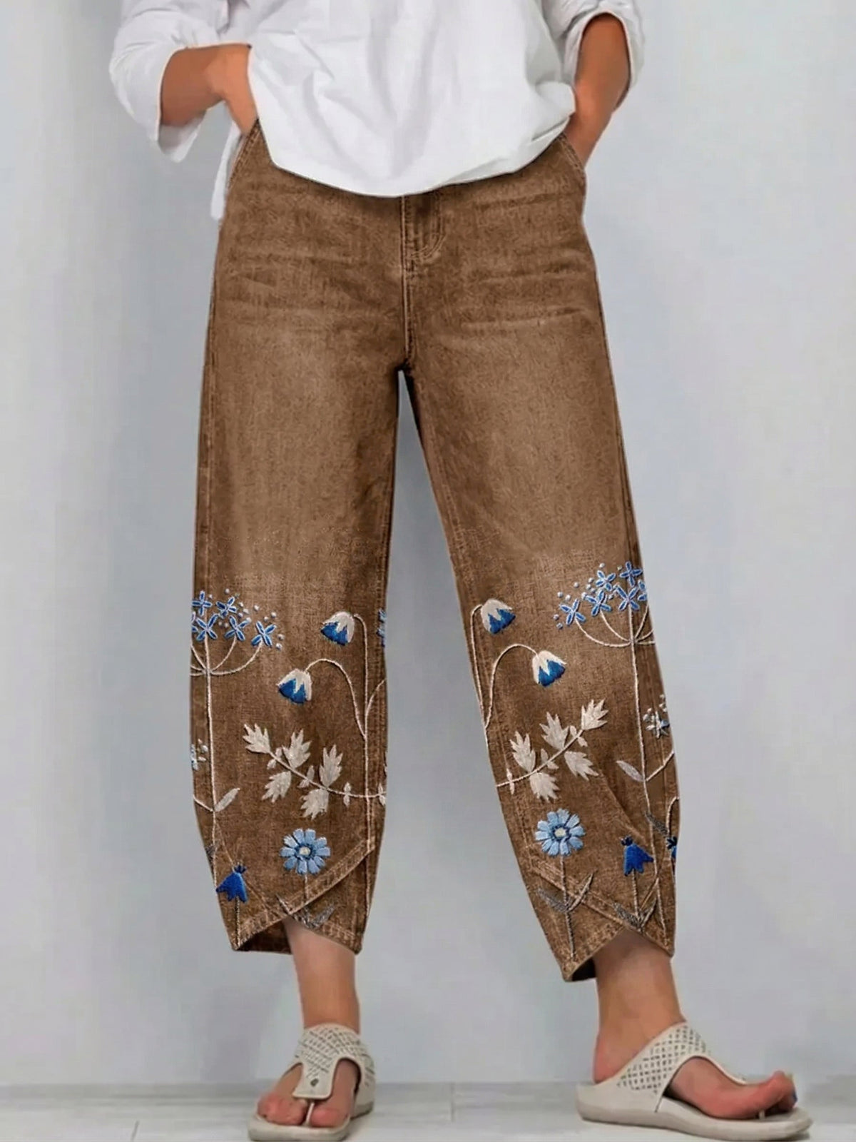 Floral Embroidered Wide Leg Cropped Denim Trousers