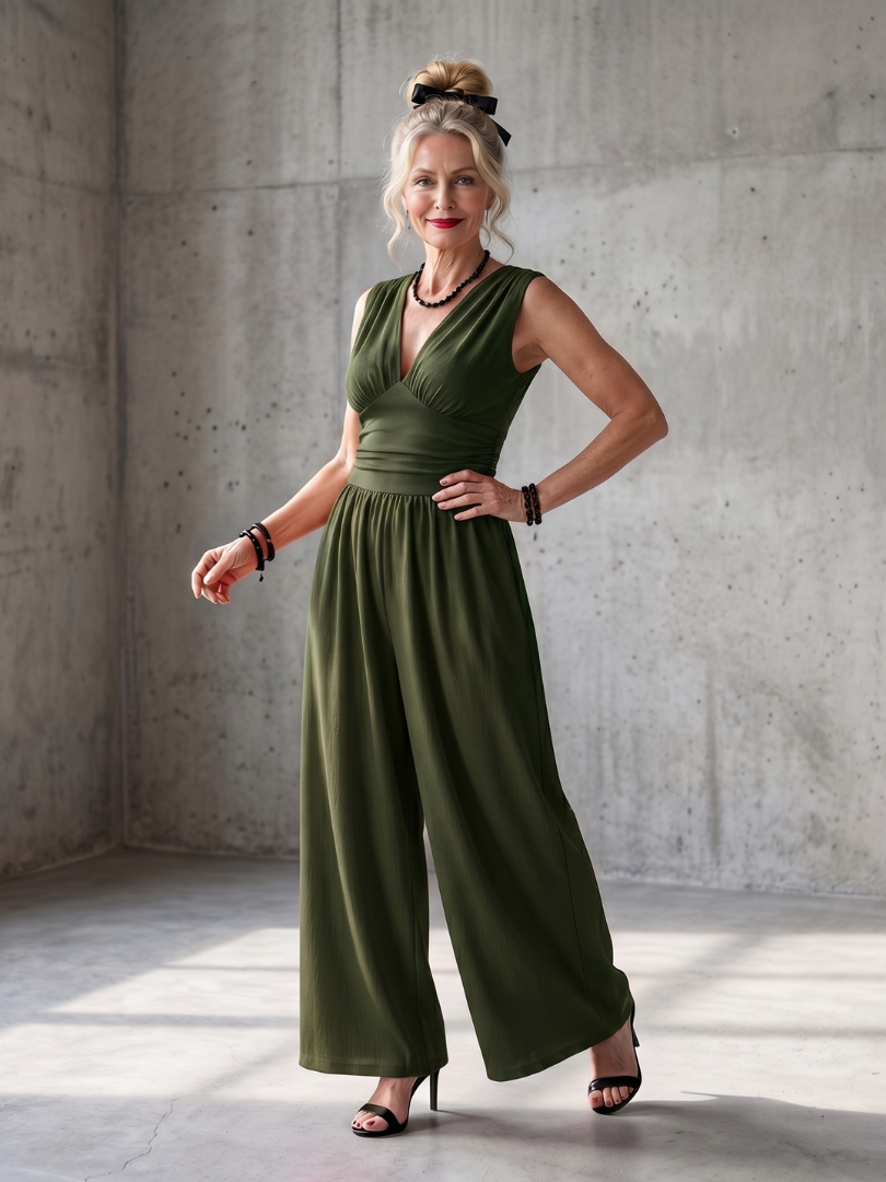 Deep V-Neck Sleeveless Ruched Waist Wide Leg Jumpsuit