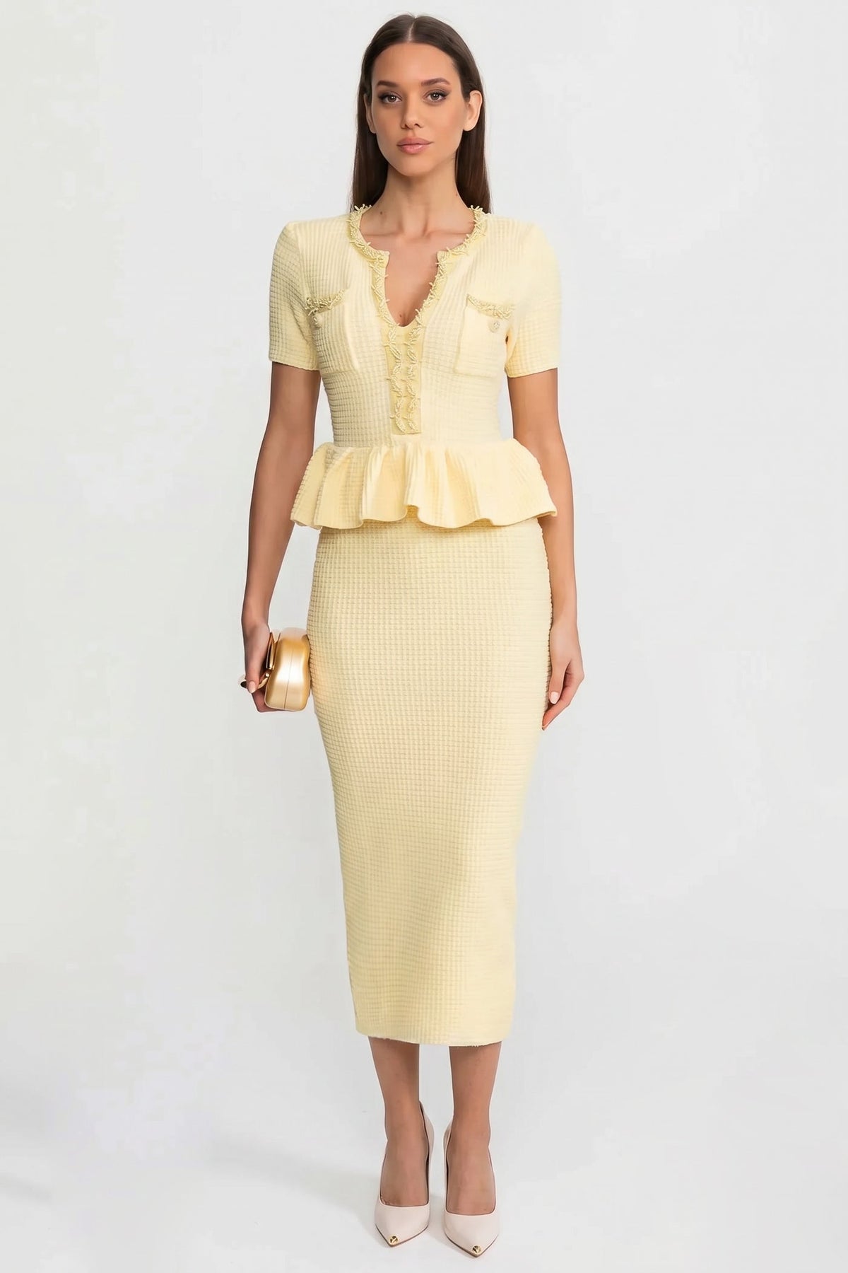 Textured Knit Short Sleeve Embellished Trim Peplum Waist Bodycon Midi Dress 4