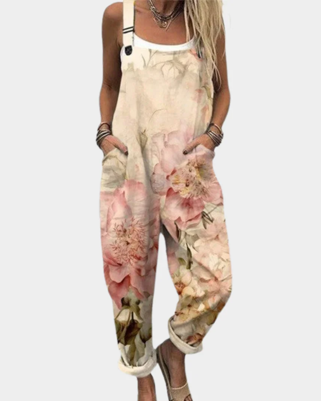 Wildflower Print Cuffed Leg Overall Jumpsuit with Pockets