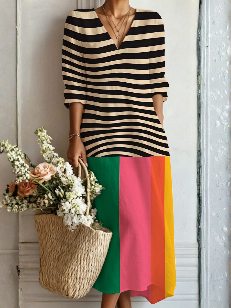 Striped V-Neck Long Sleeve Color Block Midi Dress