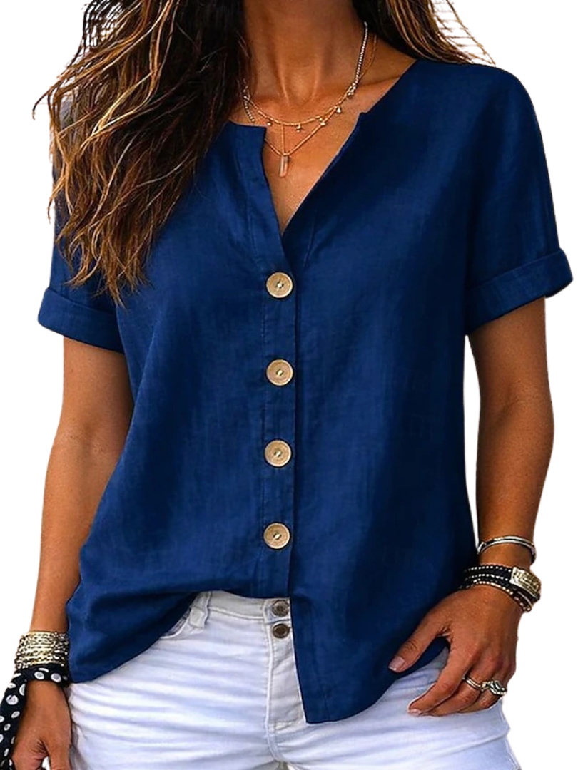 V-Neck Roll Sleeve Button Front Linen Look Shirt