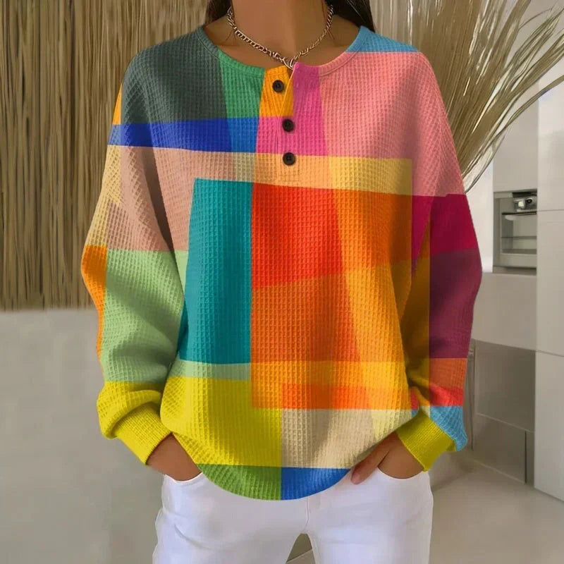 Geometric Crew Neck Button Placket Waffle Knit Sweater
