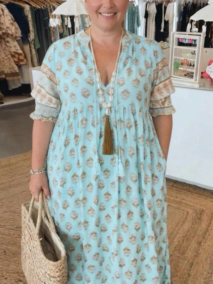 Floral Print V-Neck Bell Sleeve Tiered Boho Maxi Dress