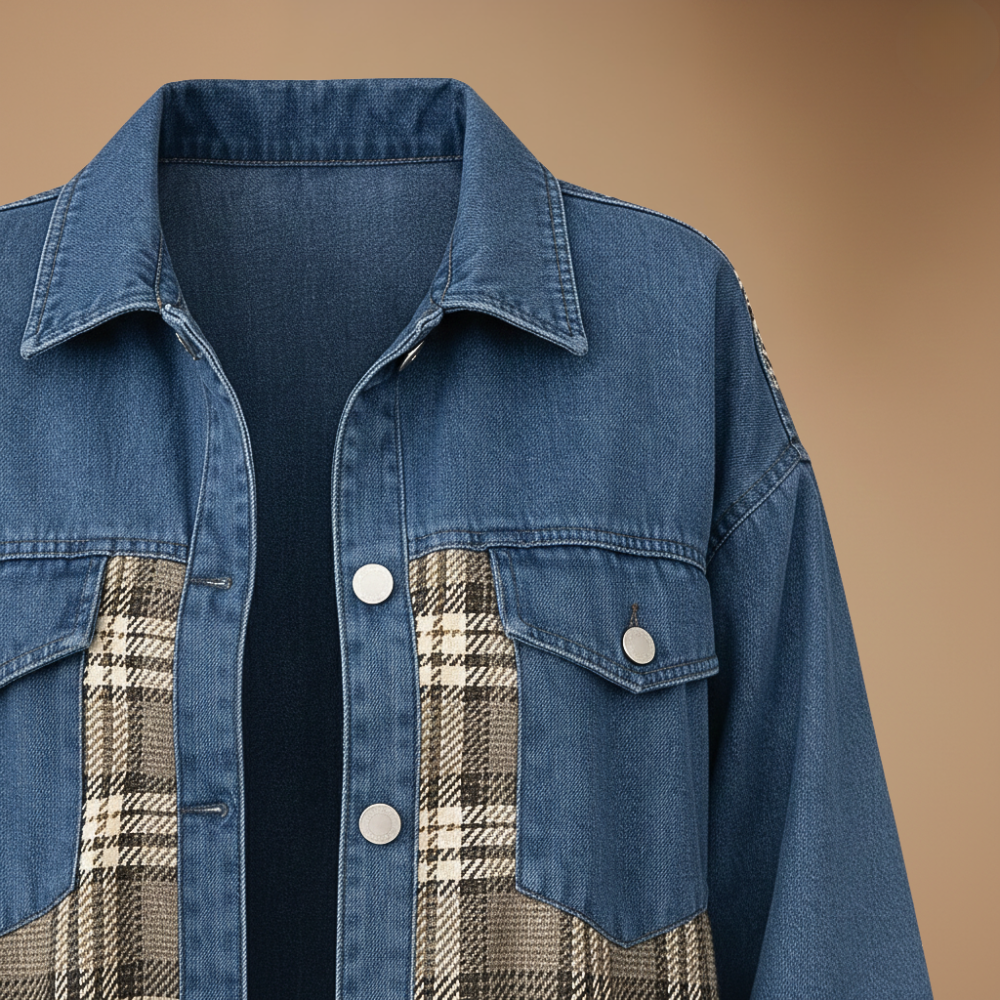 Denim Jacket with Plaid Patchwork and Button Closure