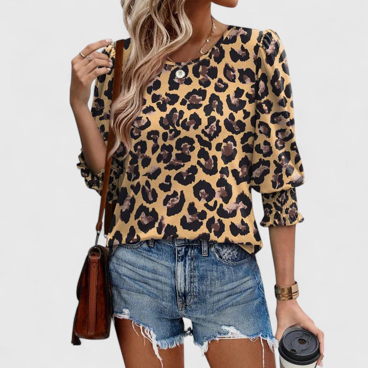 Round Neck Puff Sleeve Smocked Cuff Top