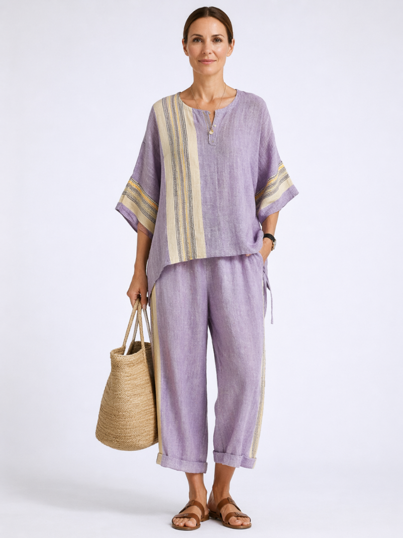 Striped Short Sleeve Top and Wide Leg Pants Two Piece Set