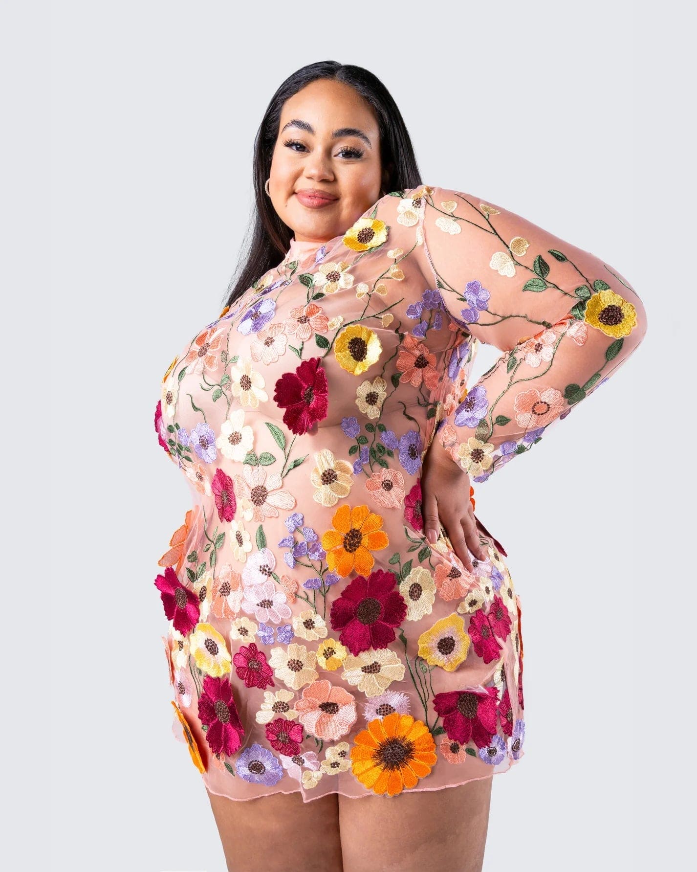 Mock Neck Long Sleeve Floral Embroidered Mesh Keyhole Back Bodycon Mini Dress