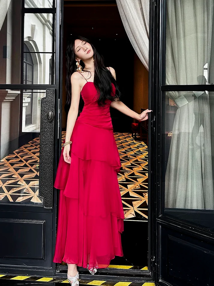Beautiful Red Chiffon Layered Evening Dress Spaghetti Straps Prom Party Dress cc1928