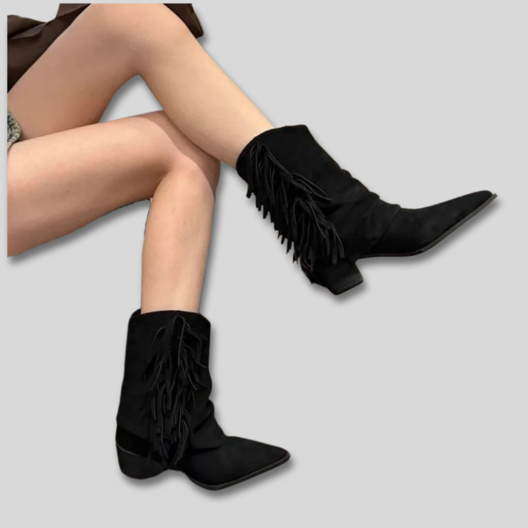Suede Look Fringe Pointed Toe Slouch Western Boots