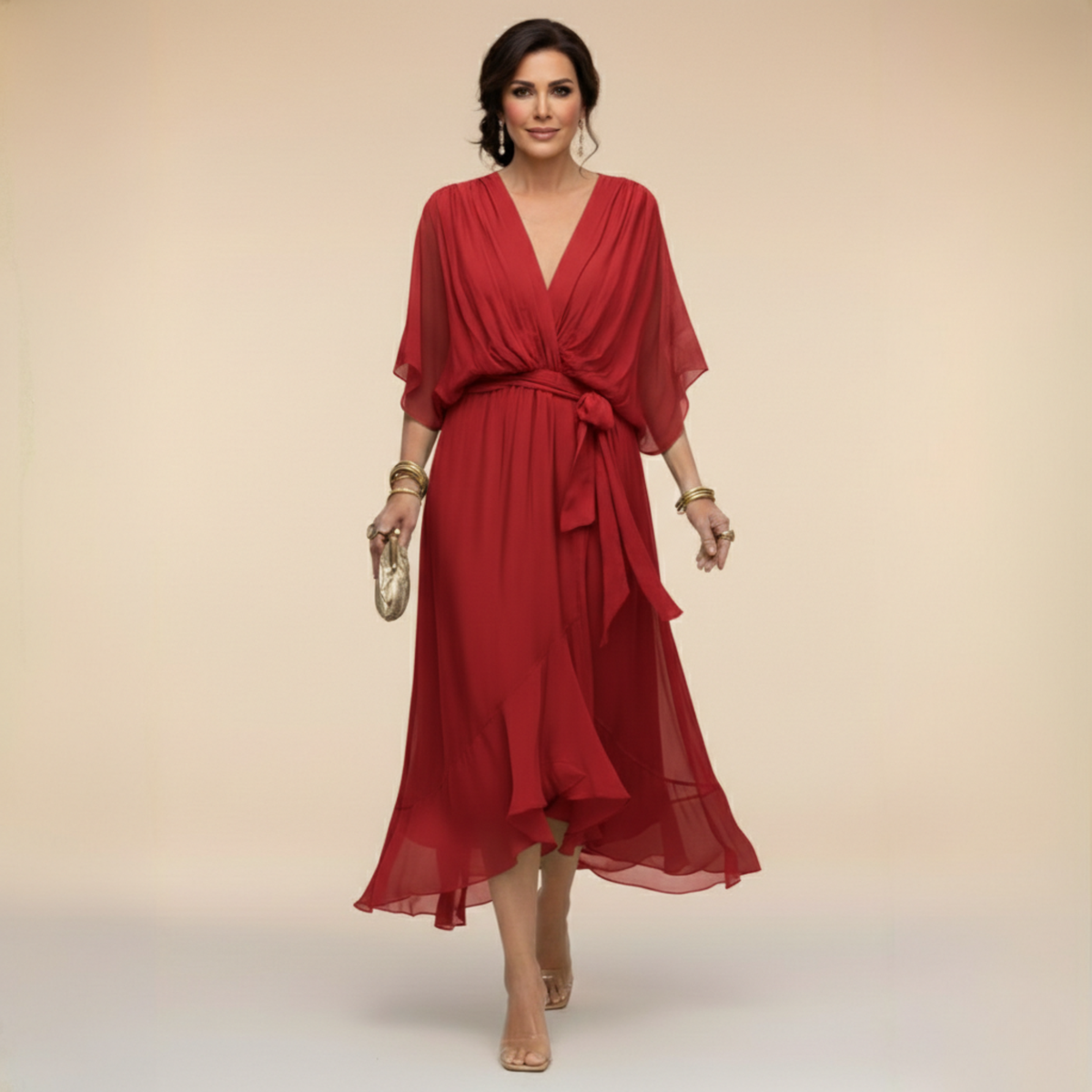 Chiffon V-Neck Kimono Sleeve Tie Waist Ruffle Hem Midi Dress