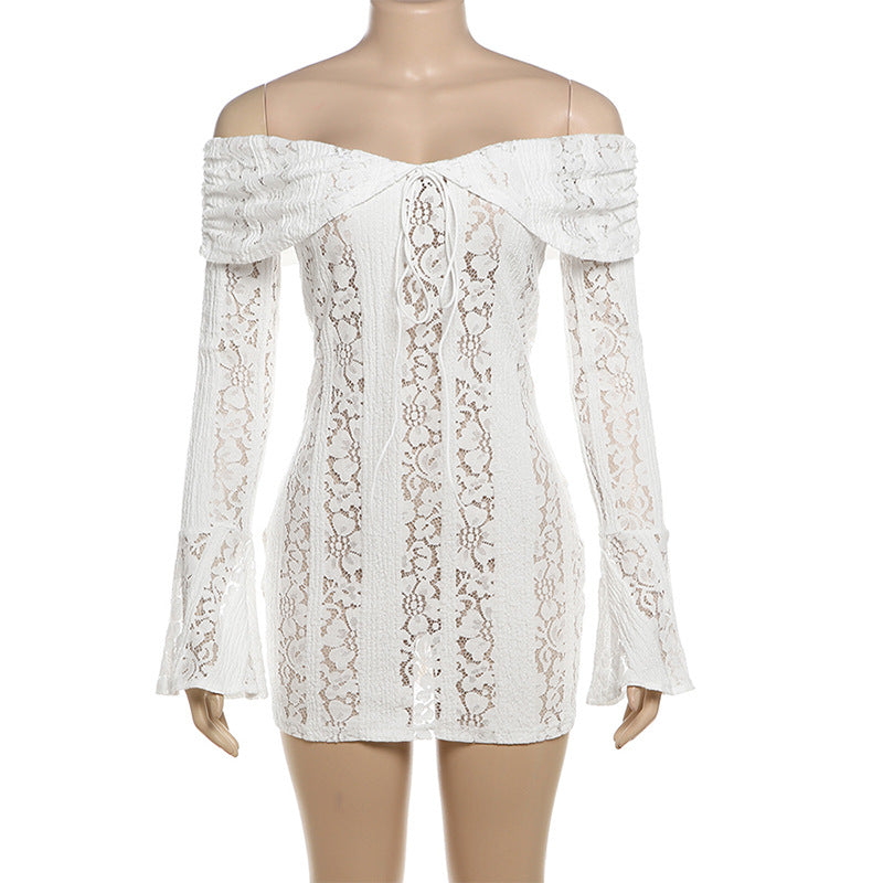 Off Shoulder Lace Bell Sleeve Ribbon Tie Bodycon Mini Dress
