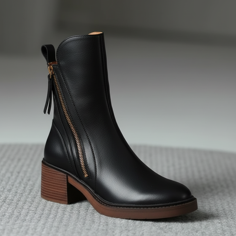 Round Toe Front Zip Block Heel Ankle Boots