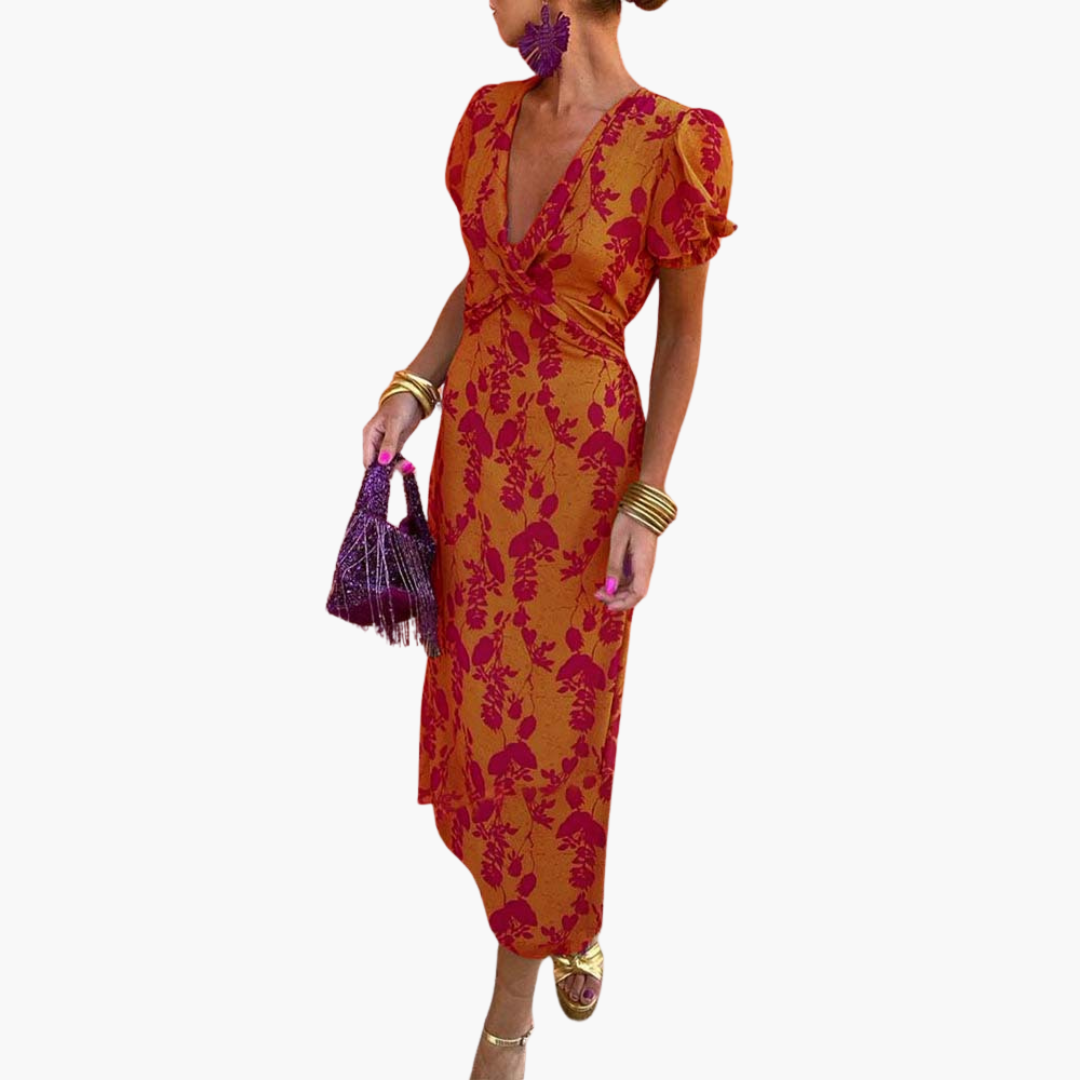 Julia | Elegant Deep V-Neck Dress with Leaf Pattern Orange