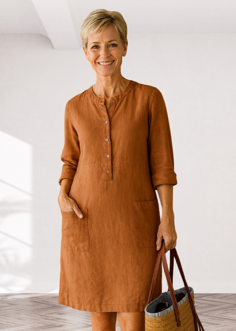 Linen Look Button Placket Long Sleeve Pocket Shift Dress