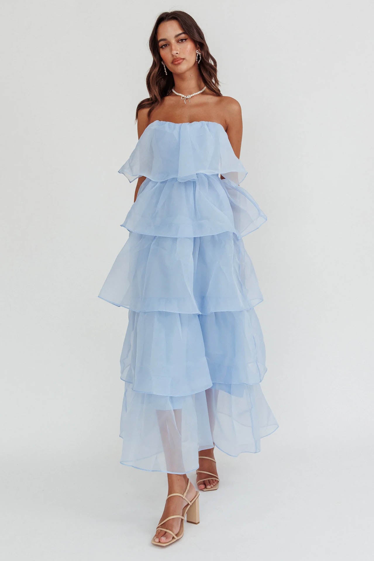 Strapless Backless Tiered Ruffle Organza Maxi Dress