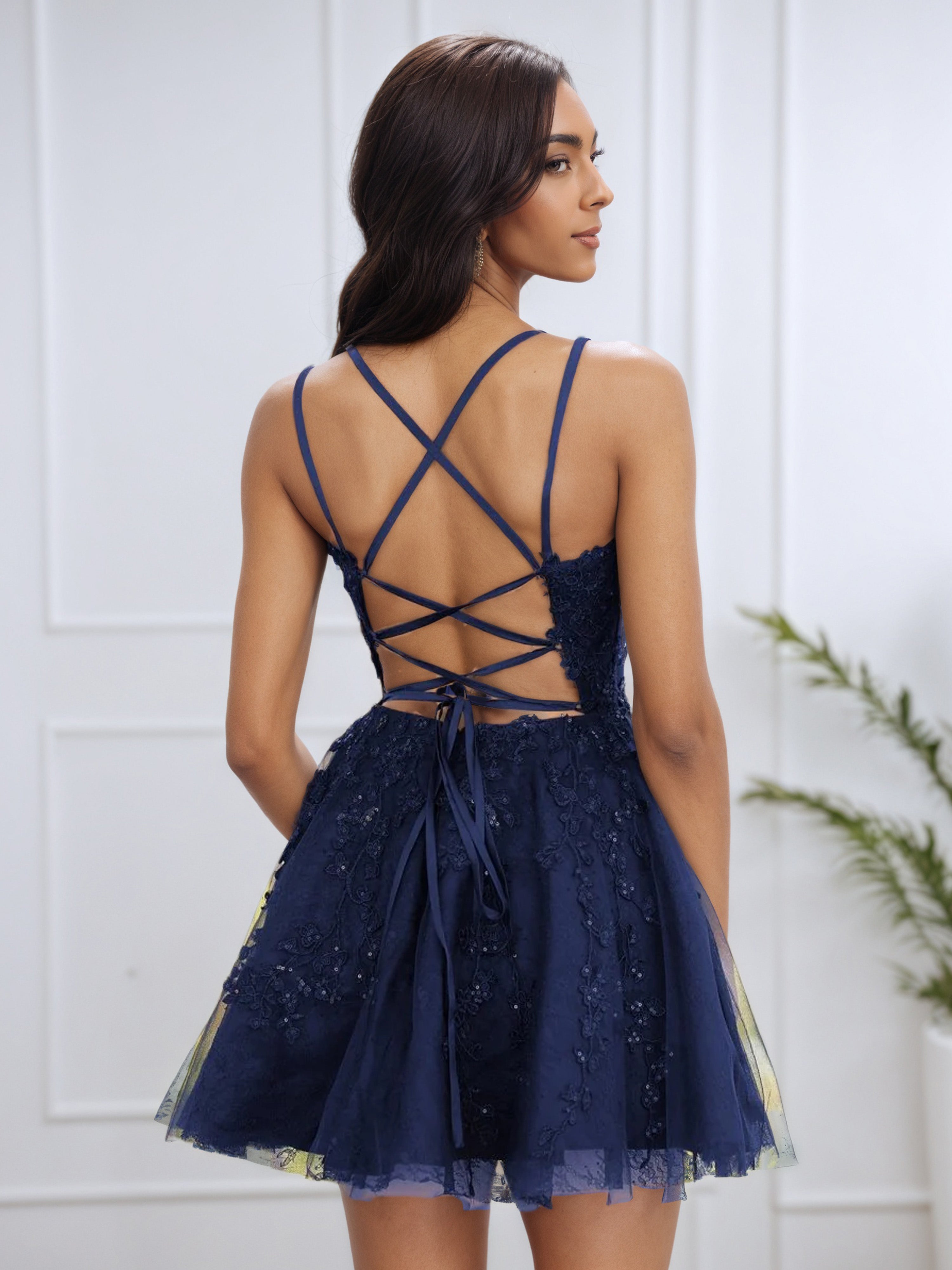 A Line Spaghetti Straps Dark Navy Short Homecoming Dress with Appliques