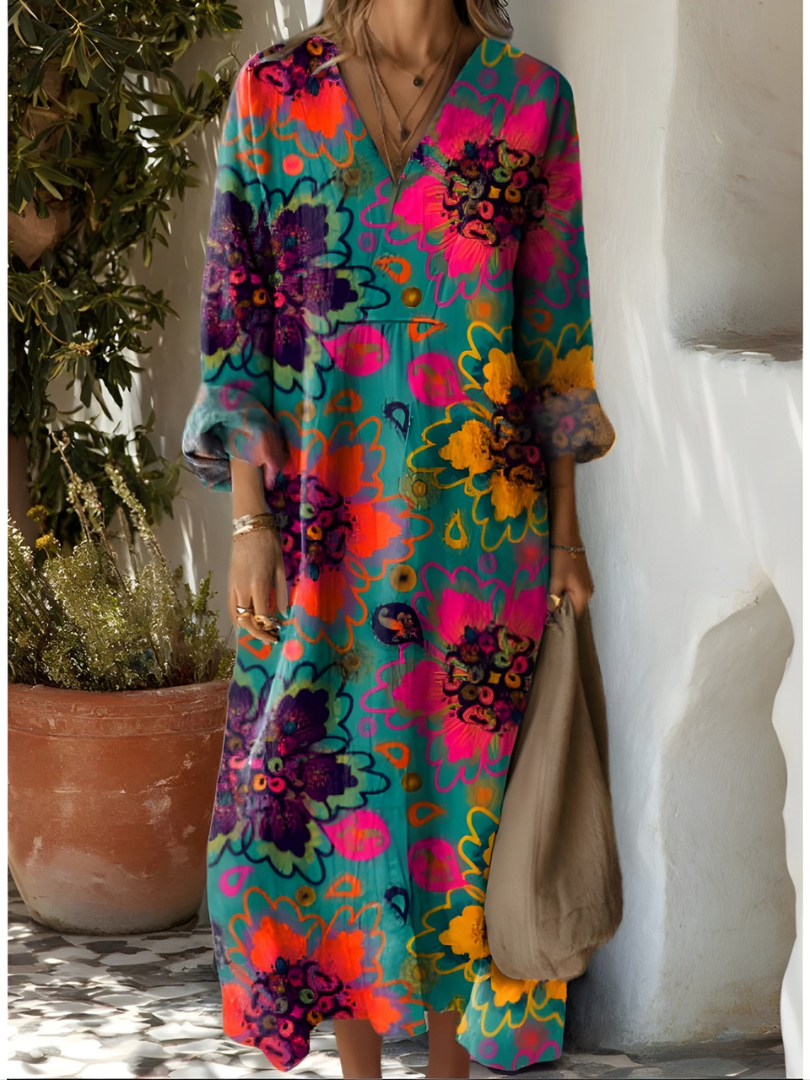 Paisley Floral Long Sleeve Round Neck Maxi Dress