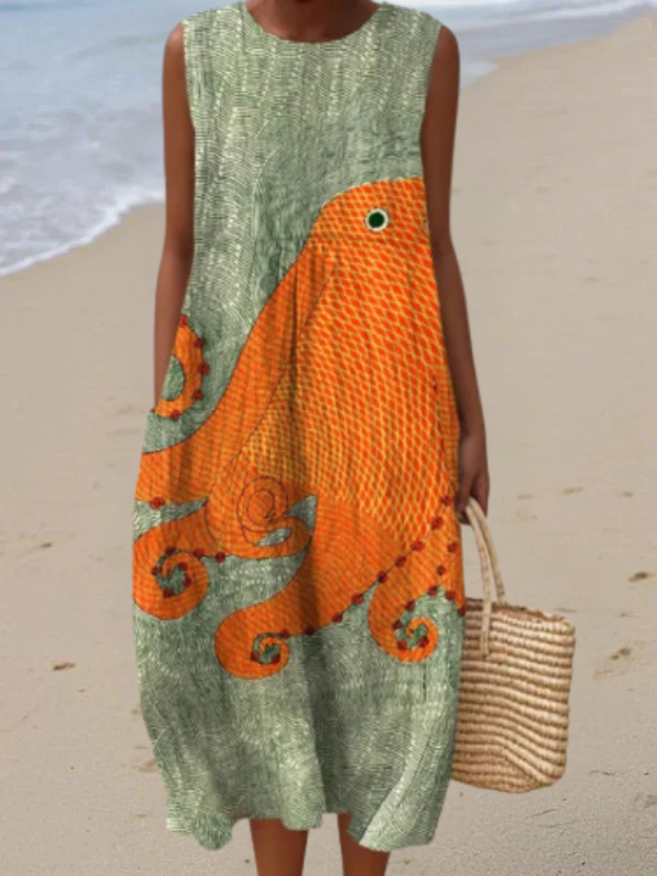 Octopus Print Sleeveless Midi Dress